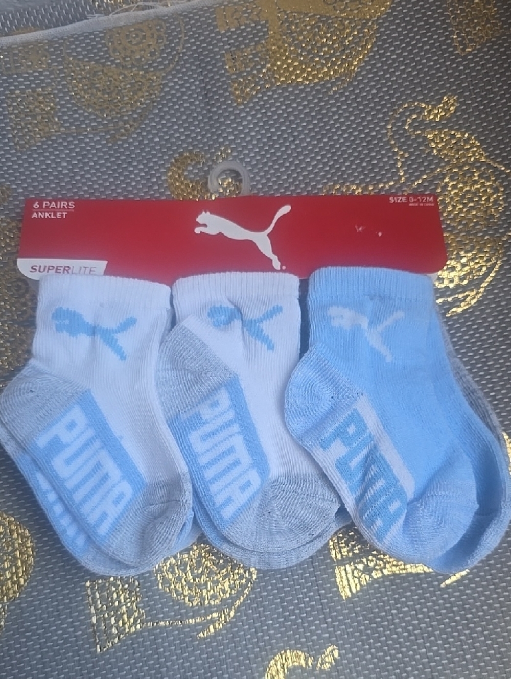 Puma Baby Ankle Socks in Light Blue, White & Gray (6 Pairs)